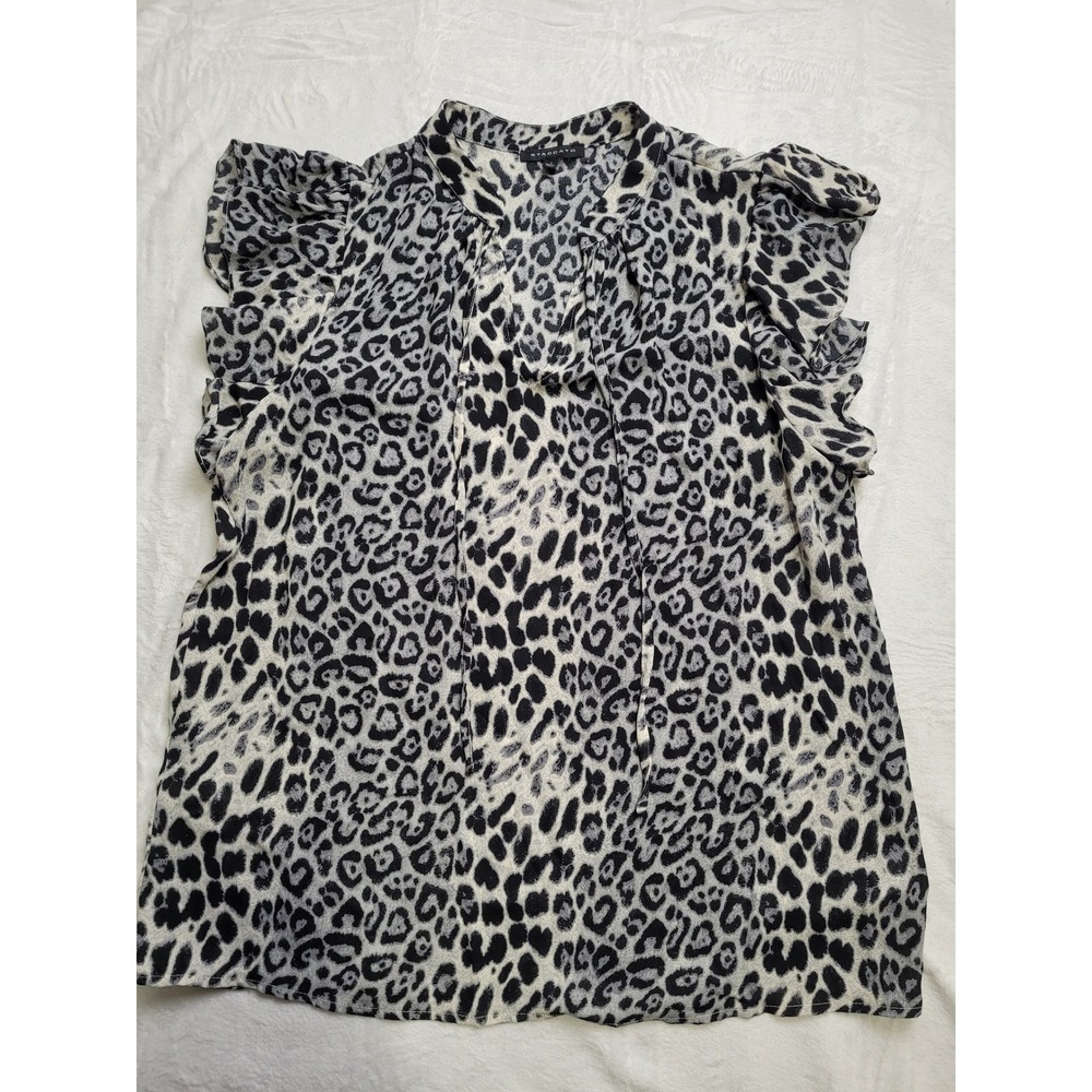 Staccato Leopard Print Blouse Womens Large Grey Black Ruffle Sleeve